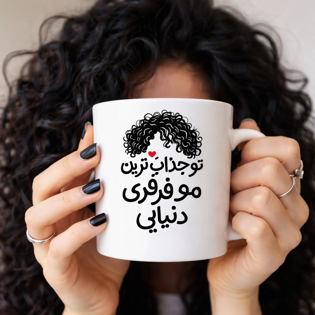 لیوان ماگ طرح دختر مو فرفری با متن تو جذاب ترین مو فرفری دنیایی
